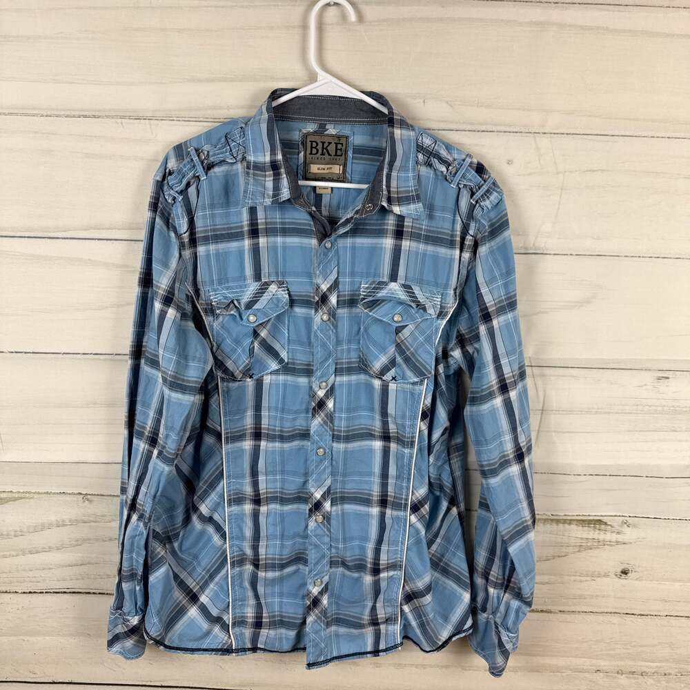 BKE Buckle Vintage 1967 Blue Plaid Pearl Snap Western Shirt Athletic Fit